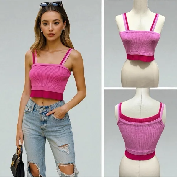 299 Cider | EUC Pink Ribbed Knit Double Strap Crop Top (Size S) - Image 2