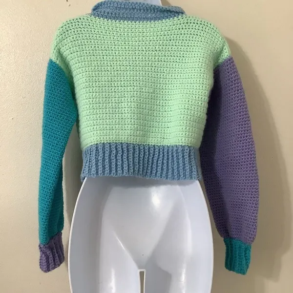 Handknit Colorblock Sweater‎ Size XS Cropped Preppy Pastel Knitted Unique Autumn - Image 2