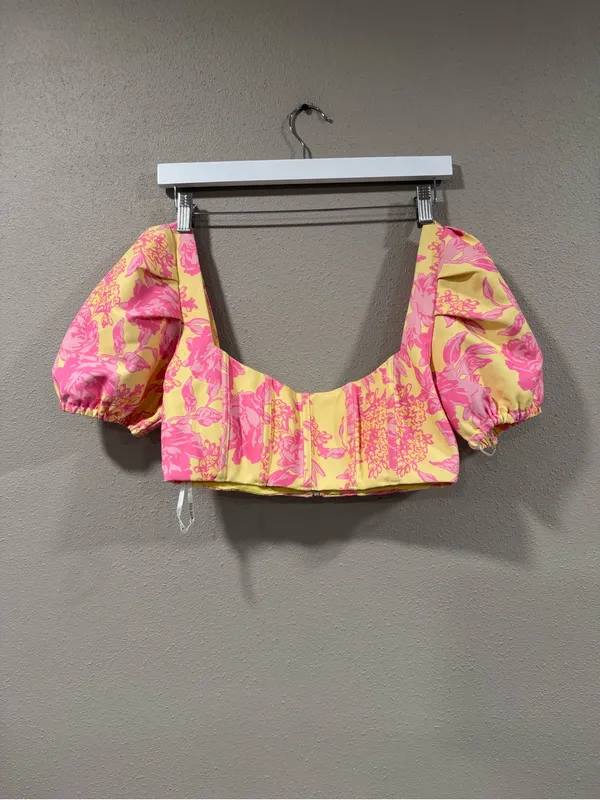 White Fox Yellow & Pink Floral Puff Sleeve Crop Top - Image 3