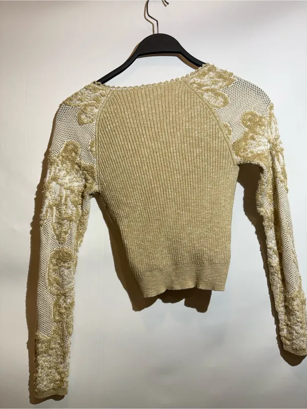 Anthropologie Lace Sleeve Faux Wrap V Neck Stretch Knit Sweater Top XS - Image 6