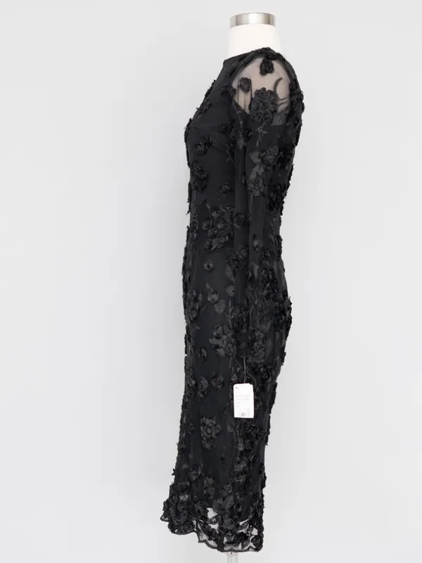 AQUA Formal - Black 3D‎ Floral Appliqué Sheer Sleeve Midi Dress - Image 6