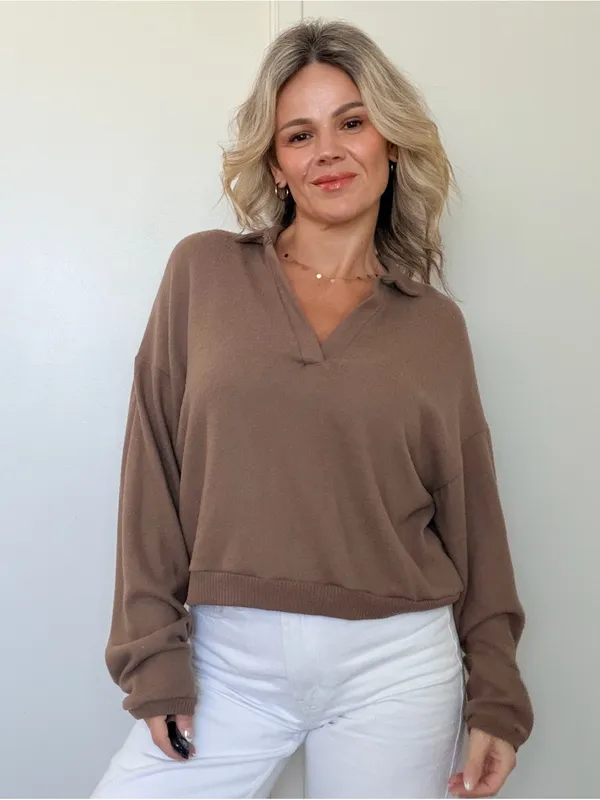 New Project Social T Relaxed V-Neck Collared Top - Brown - Image 3