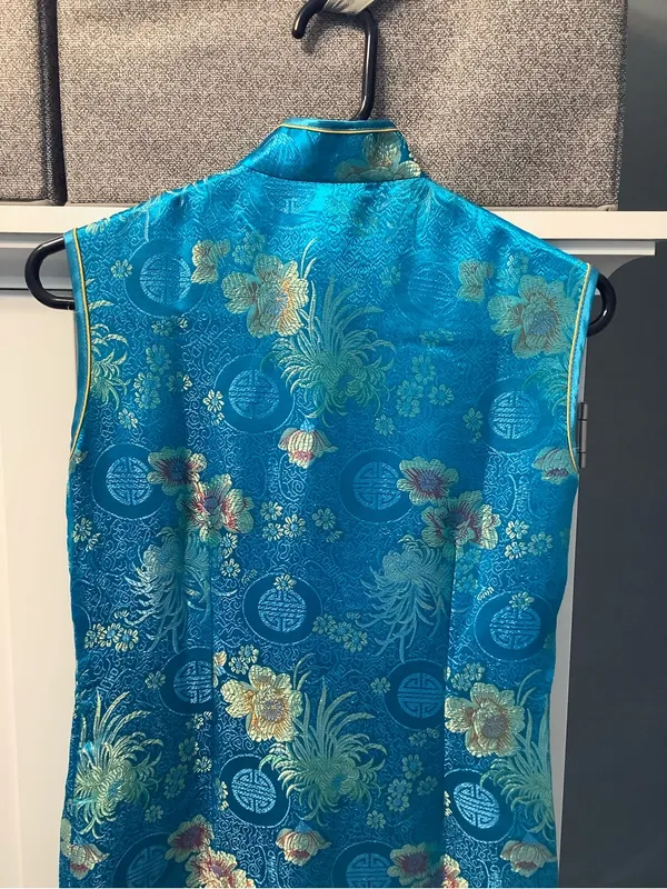 Yuexuan Qipao Dress Shanghai Style Blue Gold Floral Satin Mandarin Collar Y2K - Image 7
