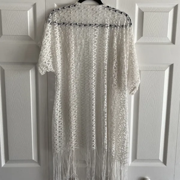 Alexa & Stella Open Front Fringe Kimono Cardigan Womens Size S White Lace Boho - Image 6