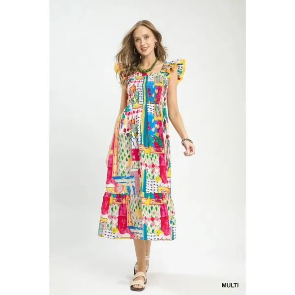 Umgee Abstract Print Smocked Ruffle Sleeve Tiered Midi Dress - Medium - Image 2