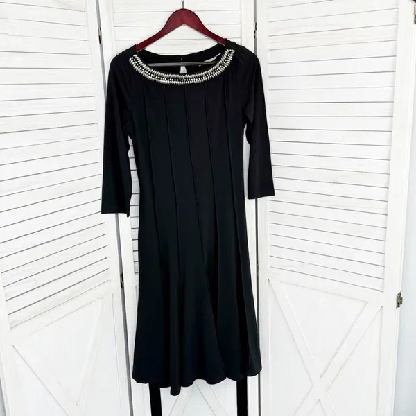 Maria Gabrielle Beaded Neckline Belted Panel Knit Midi Dress Black Large‎ - Image 7