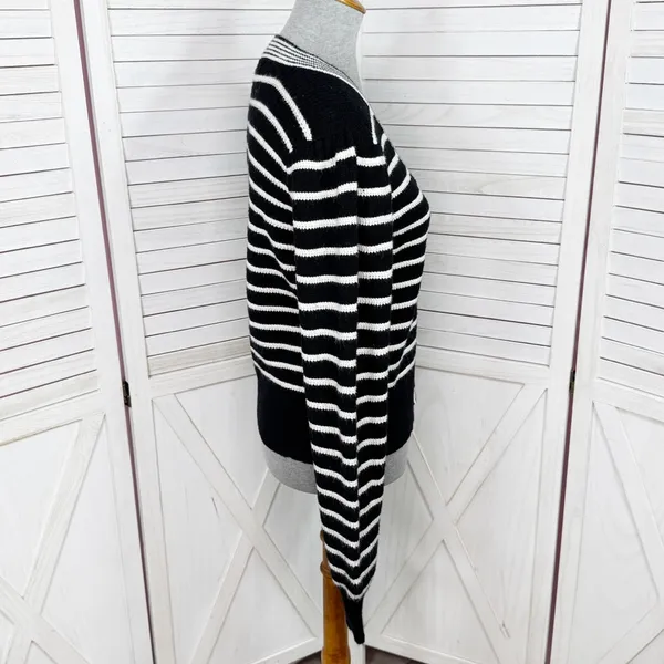Bagatelle Collection Striped V Neck Cardigan‎ Sweater Black White Small - Image 3