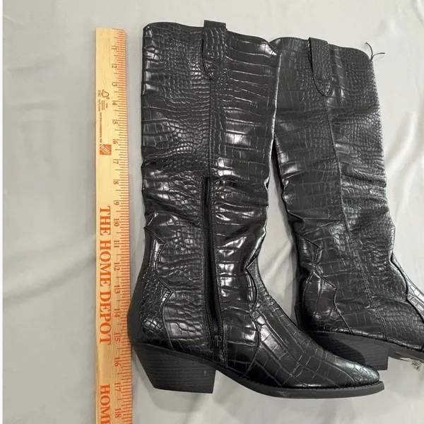 Black Croc Embossed‎ Tall Western Cowboy Boots Pointed Toe Block Heel Size 8 - Image 6