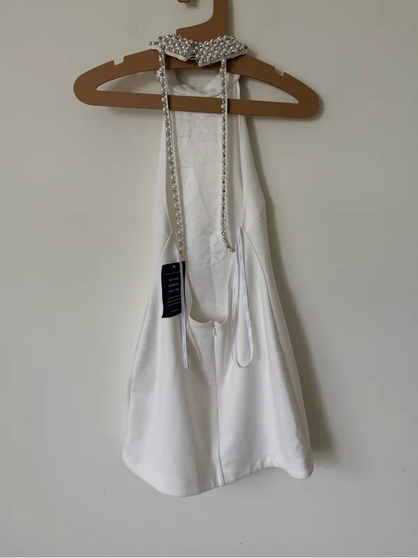 Retrofête NWT Penelope dress White Pearl-Trim Halter Mini Dress Size Small - Image 5