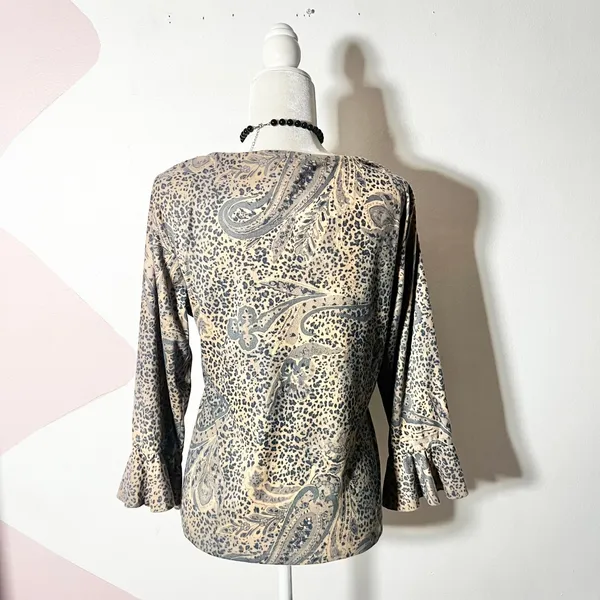 Vtg Y2k 2000s Paisley Top Large Brown Leopard Ruffle Bell Sleeve Goth - Image 2