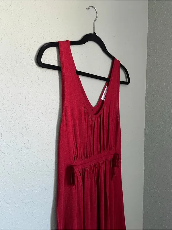 Mango Linen Blend V-Neck Maxi Dress Red Tiered Ruffle Hem Elastic Waist XS Red - Image 3