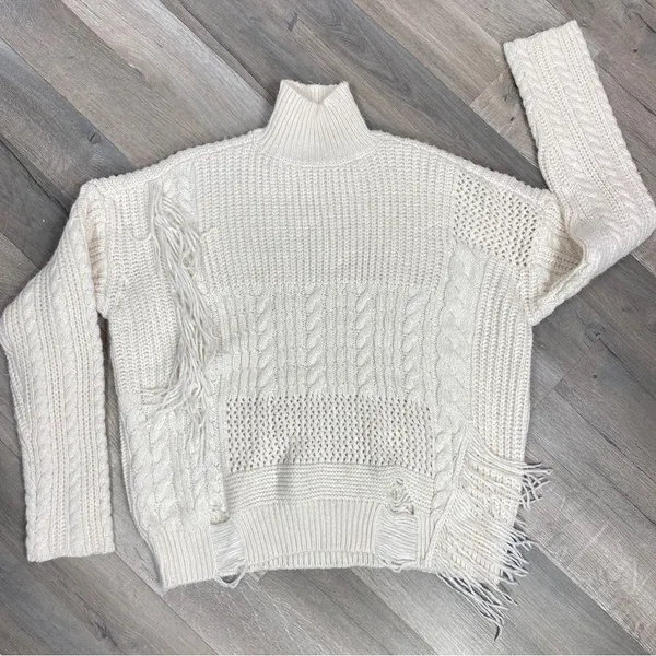 Free Generation Multi Stich Fringe‎ Distressed Turtle Neck Sweater Cream Small - Image 8