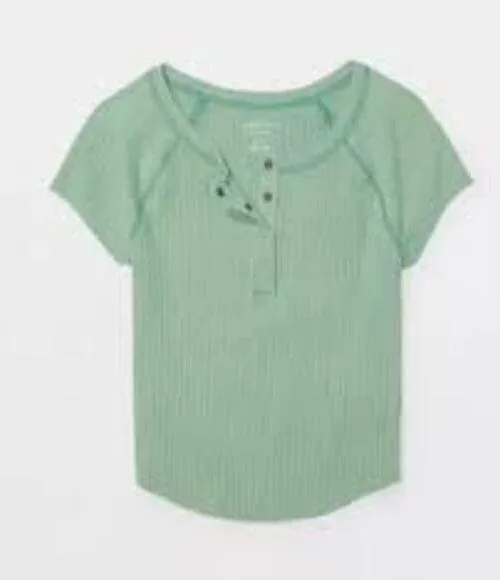 AMERICAN EAGLE Hey Baby Cropped Henley Tee Size Medium M Green - Image 2