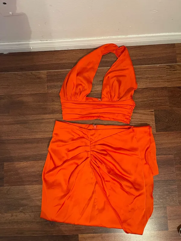 Oh Polly Bright Orange Satin Skirt with a Top - Image 15