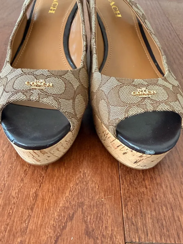 Coach Tan Signature Canvas Peep-Toe Slingback Heels with Black Toe - Image 6