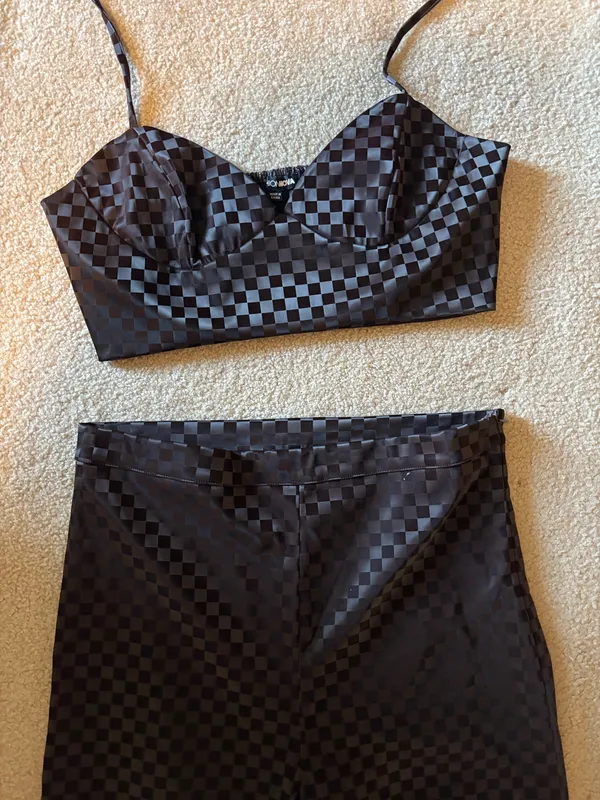 FashioNova Checkered Two-Piece Crop Top & Wide Leg Pants Set - Brown - Image 2