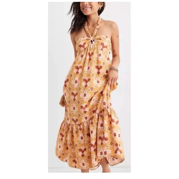 Aerie Orange Ikat Print Braided Halter Midi Dress Smocked Back Small - Image 3