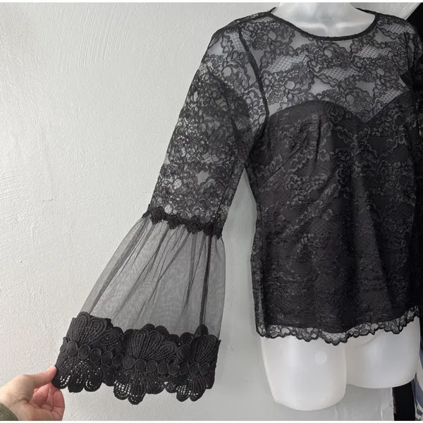Black Lace Top Size 4 Small Dark Coquette Sheer Witchy Vamp Bell Sleeve Retro - Image 2