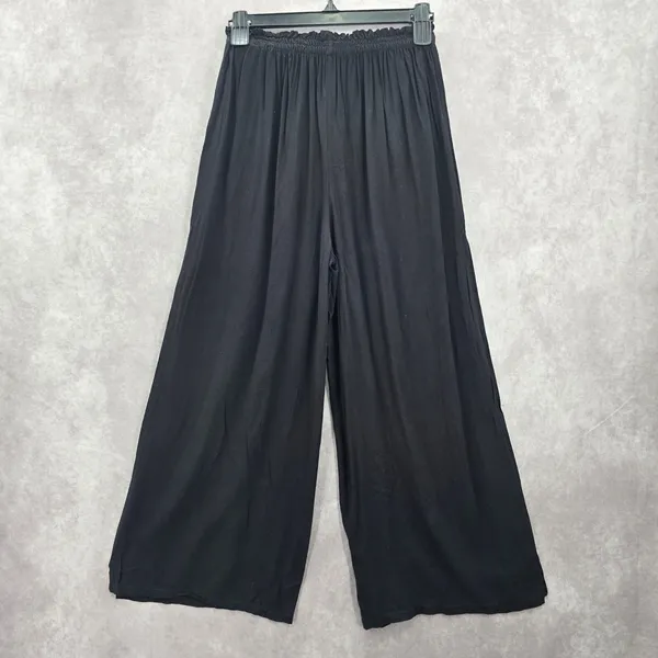 Black Wide Split Flowy Straight Beach Vacation Lounge 90s Pullon Boho Pants XS‎ - Image 8