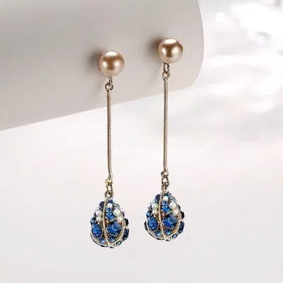 Women's Pearl Blue Crystal Long Tassel Dangle Drop Earrings - Image 2