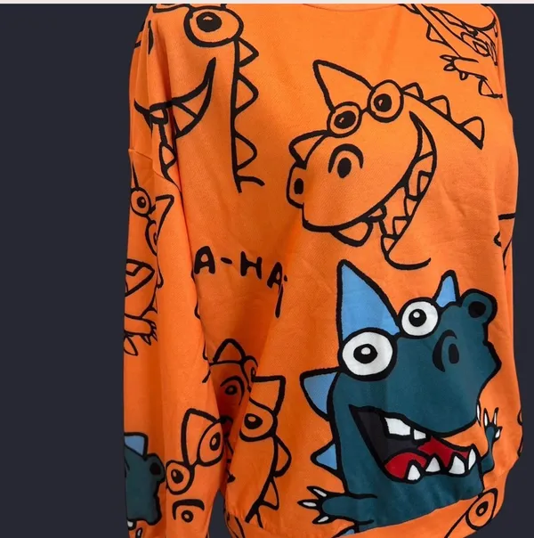 SheIn Neon orange sweatshirt with dinosaur designs size small - Image 3