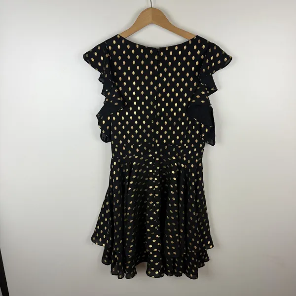 NWT‎ IEENA Mac Duggal Black Gold Metallic Polka Dot Ruffle Dress Size 4 Classic - Image 5