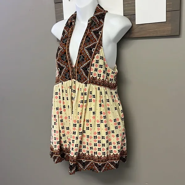 Free People Sleeveless Collared Boho Flowy Key Hole Tank V-Neck Tunic- Medium - Image 2