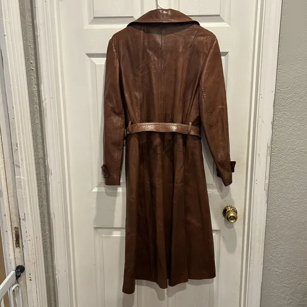 Vintage Skin Gear Brown Napa Leather Trench Coat Long Belted Button Front Medium - Image 10