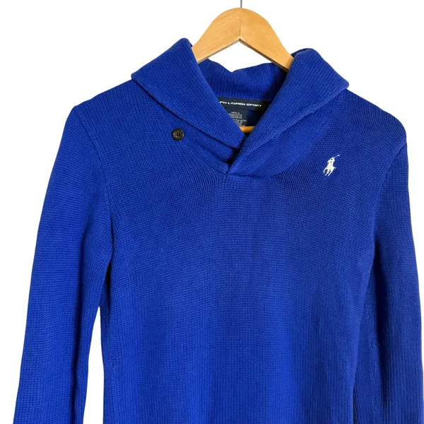 Ralph Lauren Sport Blue Cotton Knit Shawl Collar Long Sleeve Preppy Sweater S - Image 2