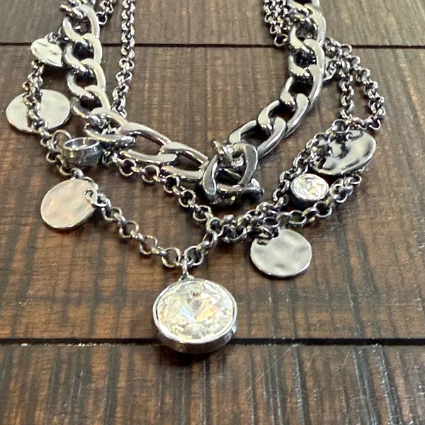 Paparazzi Multi Layered Gunmetal Chain Necklace Rhinestone Hammered Statement - Image 2