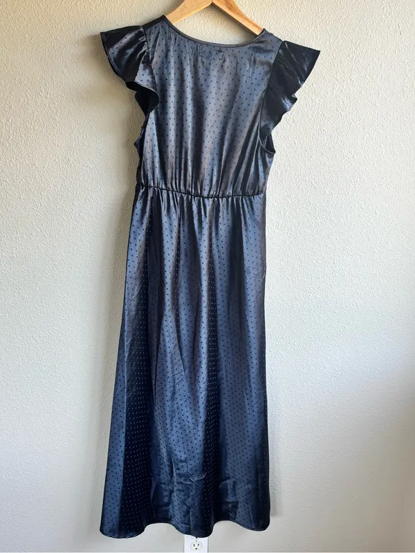 Navy Satin Flutter-Sleeve Dress - Image 6