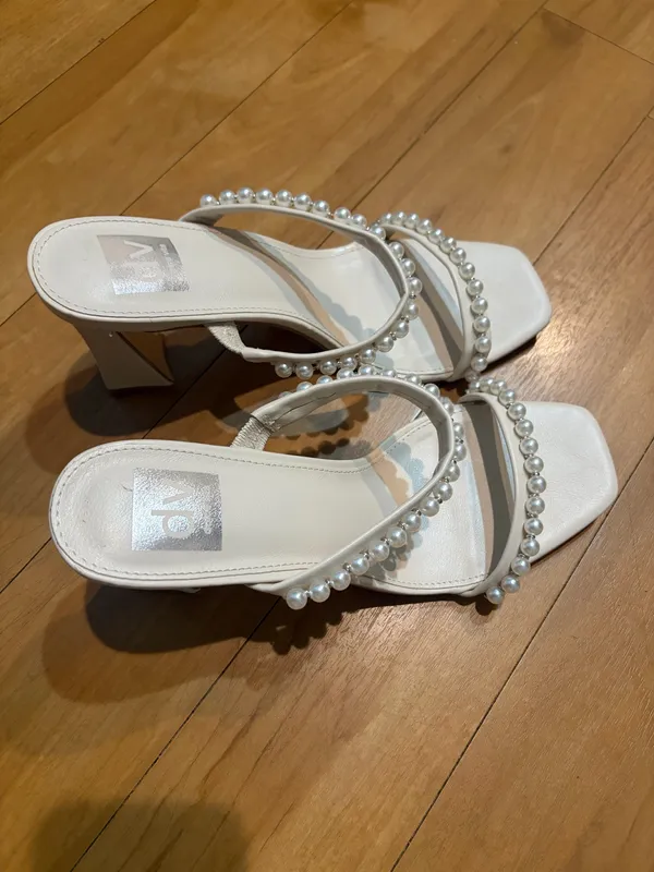 Dolce Vita Pearl Embellished Slip-On Square Toe Cream Colored Heels - Image 3