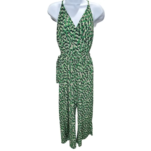 Stitch Fix Kaileigh‎ Rica Green Abstract Cropped Jumpsuit Large Tie Belt Strappy - Image 3