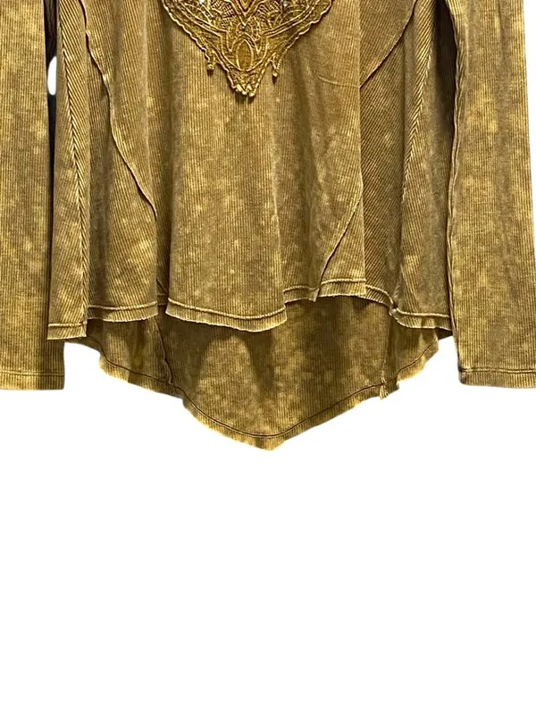 Affliction Long Sleeve Waffle Knit Top Mustard Size L Y2K Casual Punk Neutral - Image 6