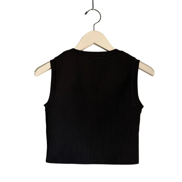 KLD Black Ribbed Knit Cropped Tank Top Small Made USA - Image 4