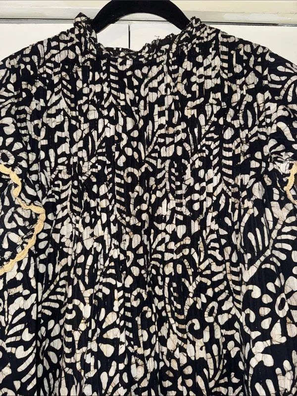 THML Black Dress with Cream Floral Pattern and Ruffle Trim - Image 2