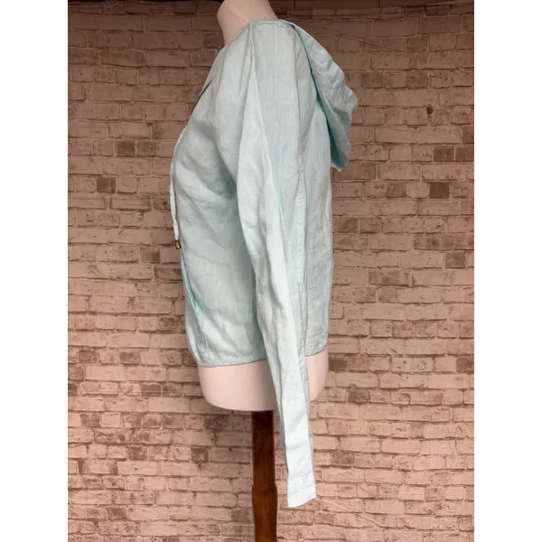 Edward Mint Green Women's Top Long Sleeve M‎ Linen Hood Zip Front - Image 5