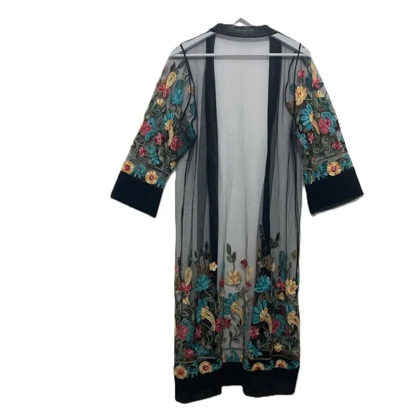Women Floral Embroidered Mesh Long Jacket Cardigan Casual Coats Beach One Size - Image 2