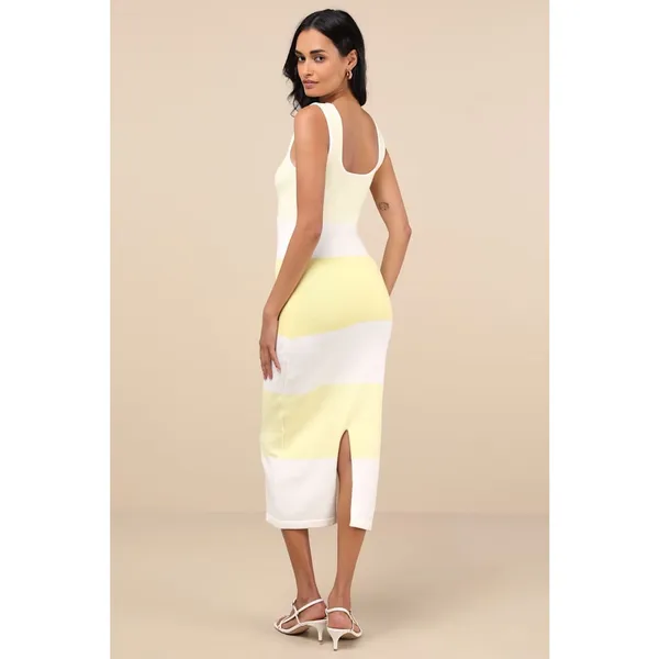 NWT Lulus Easily Gorgeous Ivory & Yellow Striped Midi Sweater Dress Casual Sz S - Image 3