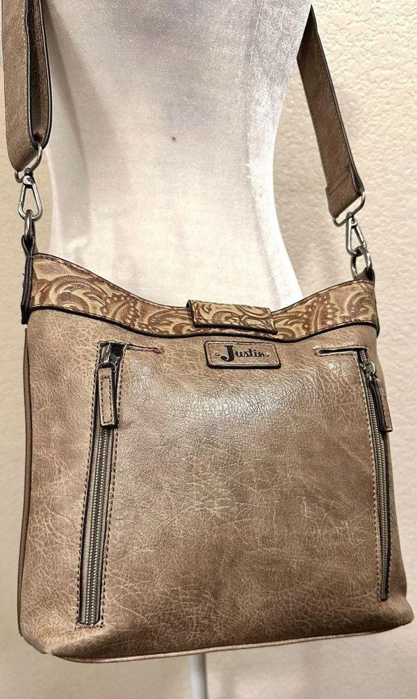 Justin Leather Buckle Taupe Western Crossbody Bag - Image 4
