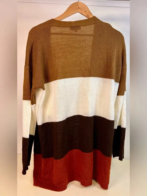 ANDREE BY UNIT Colorblock Open Front Cardigan - Brown, Cream & Rust - Image 2