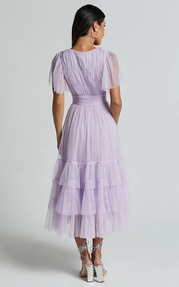 New Showpo Jiraye Midi Dress Flutter Sleeve Tuelle Plunge Dress Size Large - Image 6