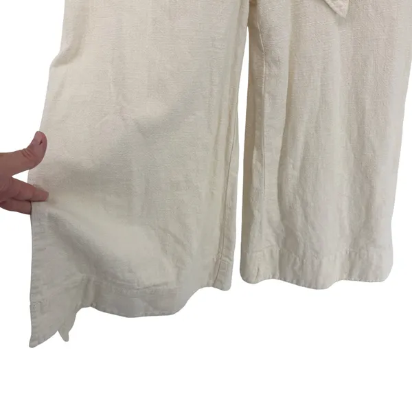 Anthropologie Cream Linen Blend Wide Leg Jumpsuit Belted‎ Button Front 6 Coastal - Image 3