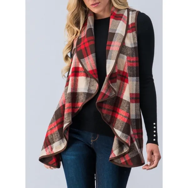 Plaid Waterfall Open Front Wool Polyester Vest New Size L Vibrant Autumn Vibe! - Image 2