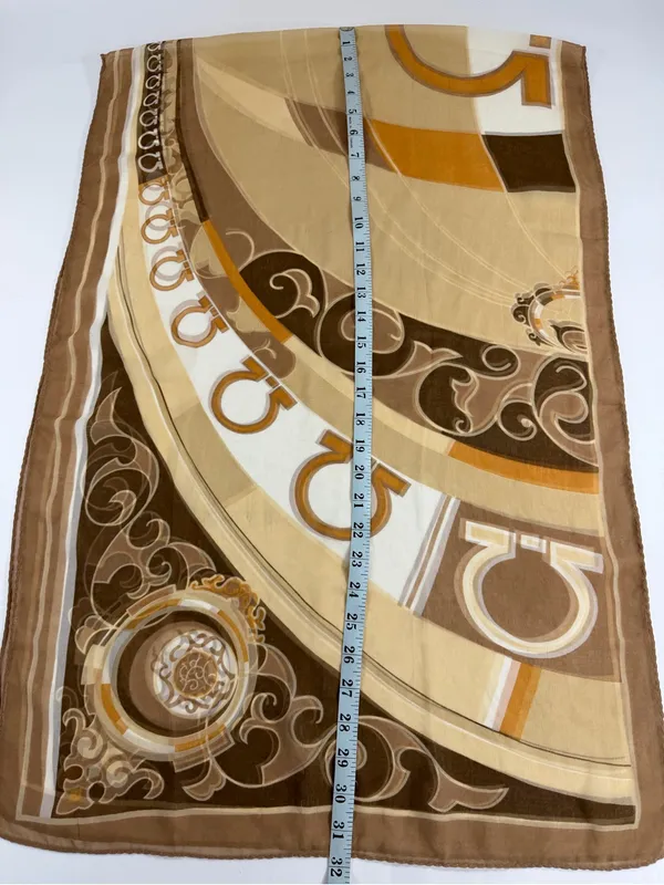 Equestrian Horseshoe Oblong Scarf‎ Taupe Brown Cream Chiffon Sheer Wrap 64x21 - Image 4