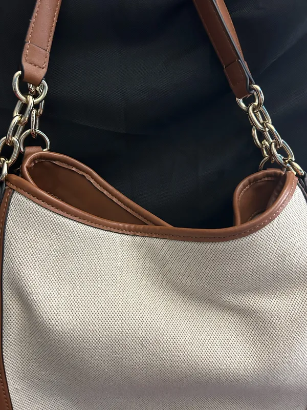 Nine West Cream Canvas Shoulder Tote Boho Bag with Brown Trim - Image 6