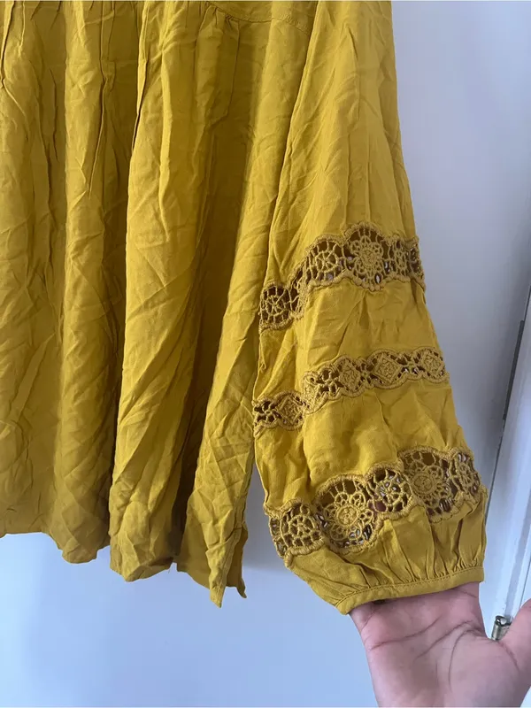 Loft Mustard Yellow Babydoll Peasant Blouse 14 Cottagecore Eyelet Embroidered - Image 3