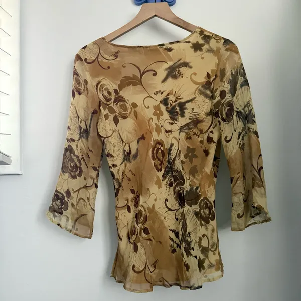 Y2K Large Silk Babydoll Top Mesh Sleeve Floral Renaissance Goblin Forest - Image 5
