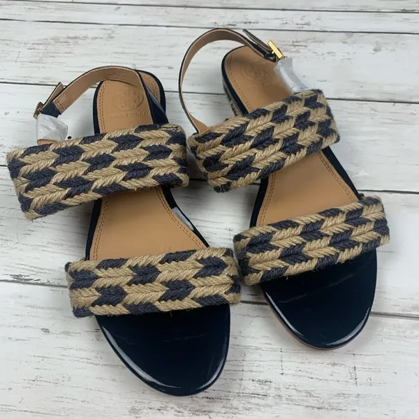 Tory Burch Lola Jute Sandals Woven Nautical Summer Boho Blue Heeled Navy Blue - Image 4