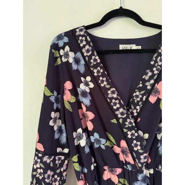 Eliza J Blue Faux Wrap Floral Puff Sleeve Dress Size 12 - Image 4